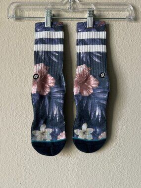 STANCE Navy Tropical Plumeria Floral Striped Crew Socks Size Large
